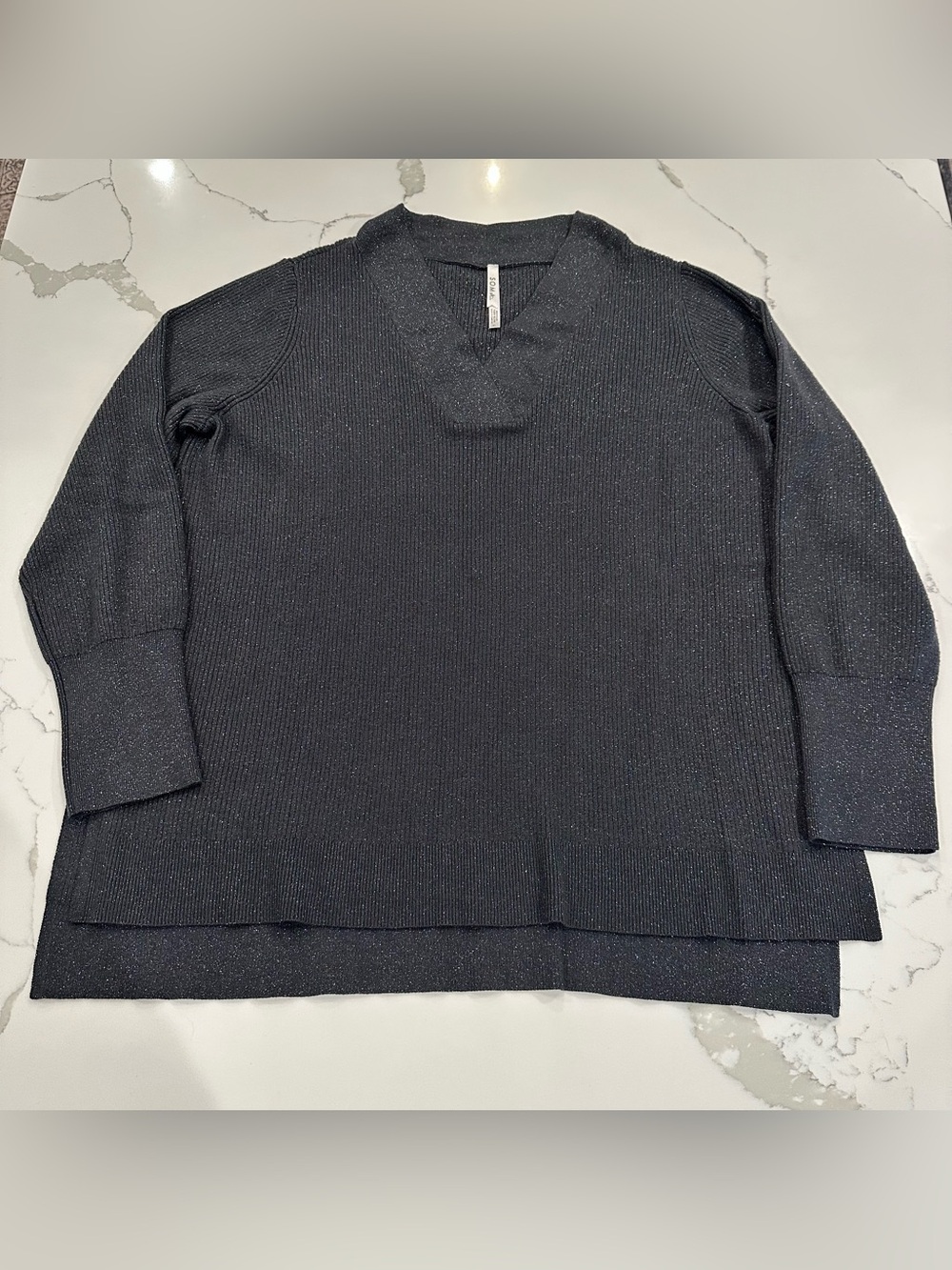 Soma Lurex Ribbed Knit Sweater Womens XL Obsidian Gray Shimmer V Neck Pullover